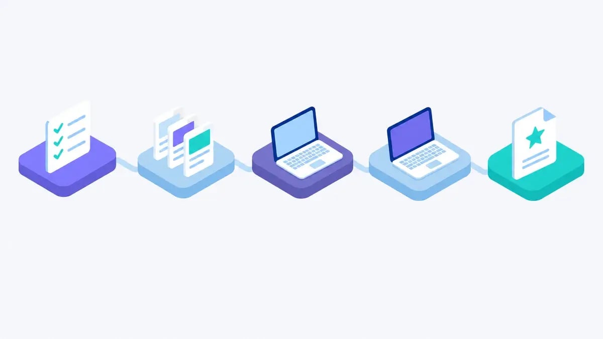 Five raised tiles in a row joined by a path, carrying a checklist, a group of cards, two laptops and a document with a star