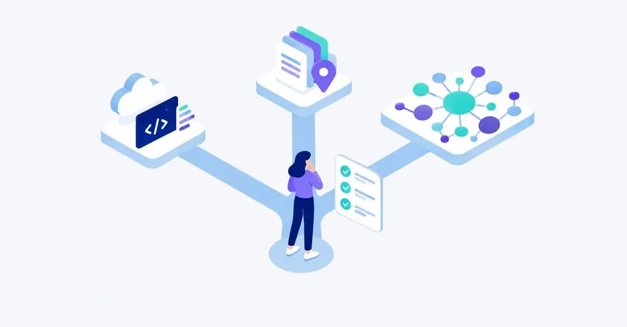 En person ved en skillevej med tre stier, der hver fører til en anden platform: én med en sky og et kodevindue, én med stablede dokumenter og en placeringsnål og én med et netværk af forbundne punkter, med et kort med en afkrydset shortlist ved siden af