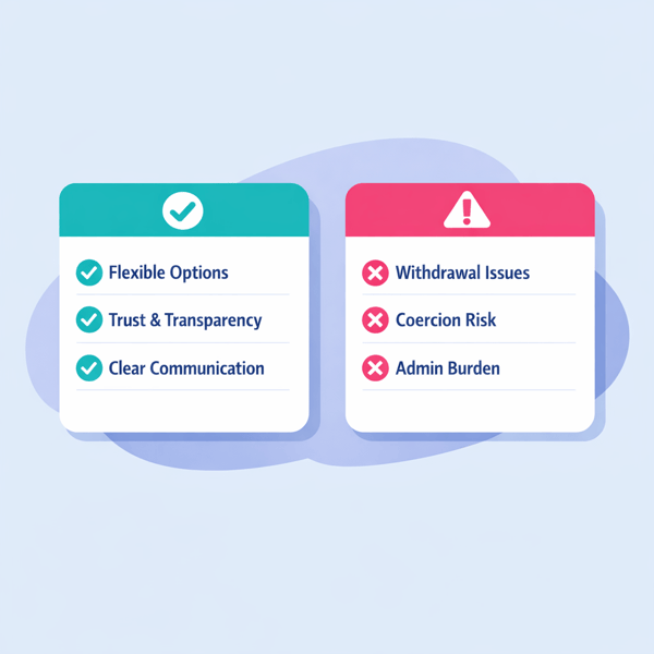 Flad vektorillustration med to hvide kort side om side. Det venstre kort med teal-farvet header viser fordele ved samtykke med tre punkter markeret med flueben. Det højre kort med hot pink header viser ulemper med tre advarselsikoner — herunder tilbagetrækning, tvang og administrativ byrde.
