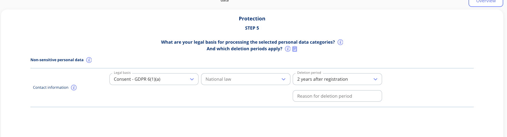 Skærmbillede af dotlegals GDPR-compliance-software, der viser, hvordan samtykke registreres som retsgrundlag for en behandlingsaktivitet i behandlingsfortegnelsen.