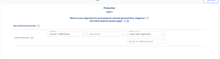 Skærmbillede af dotlegals GDPR-compliance-software, der viser, hvordan samtykke registreres som retsgrundlag for en behandlingsaktivitet i behandlingsfortegnelsen.