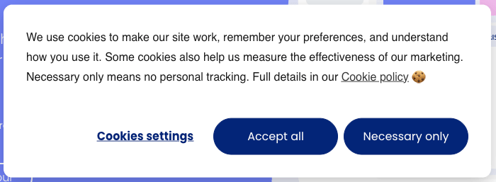 Skærmbillede af dotlegal.com's cookiebanner, der viser en informeret og frivillig samtykkemulighed, hvor brugeren kan acceptere eller afvise markedsføringscookies med lige stor lethed.