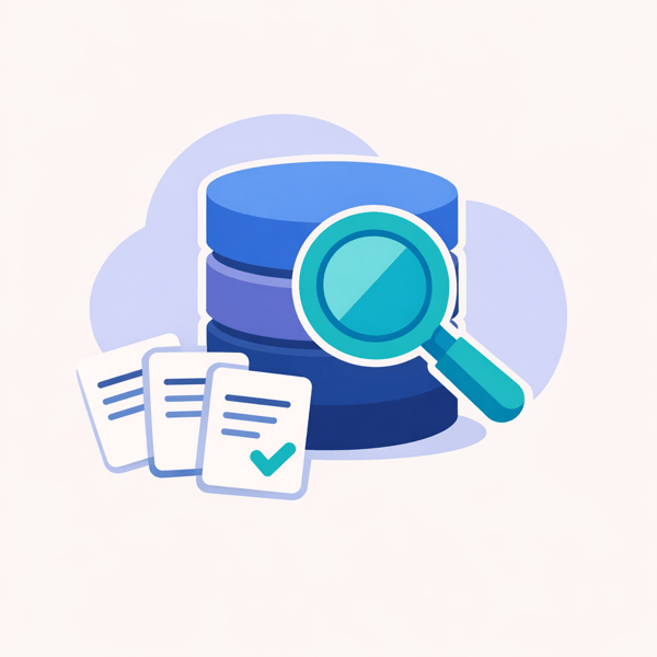 Flad vektorillustration med en stiliseret database eller serverstack i navy og blå, med et teal-farvet forstørrelsesglas ovenpå. Foran ses tre hvide dokumentkort, der repræsenterer fundne personoplysninger, hvoraf ét har et grønt flueben.