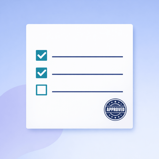 A flat vector illustration featuring a large white clipboard in the centre, with navy text lines and three teal-coloured checkboxes — two ticked and one empty — illustrating a structured procedure for handling requests for information. A circular navy stamp emblem is visible in the corner.