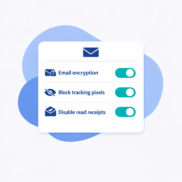 Flad vektorillustration med et hvidt indstillingspanel for en e-mail-applikation, der viser tre aktiverede privatlivsindstillinger med teal-farvede til/fra-knapper: kryptering af e-mails, blokering af sporingspixels og deaktivering af læsekvitteringer — som eksempel på Privacy by Default i praksis.