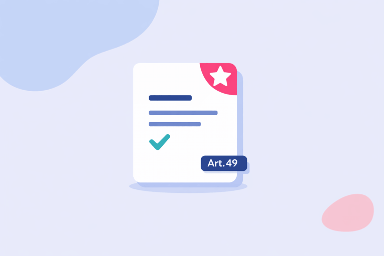 Et dokumentkort med et pink undtagelsesbadge og en "Art. 49"-etiket — illustrerer de særlige undtagelsesbestemmelser, der under særlige omstændigheder tillader overførsel af persondata til tredjelande uden standardoverførselsmekanisme.