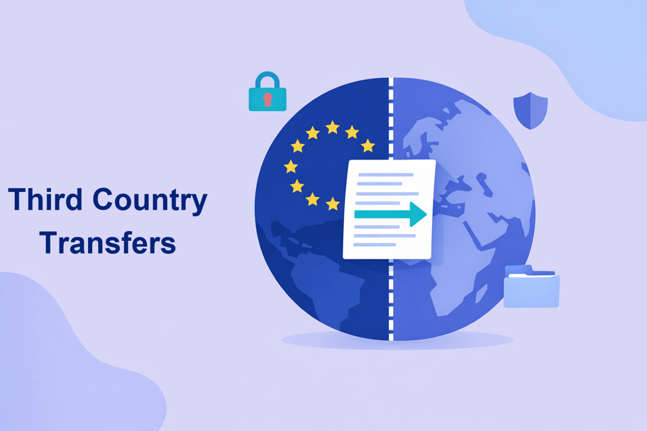 Illustration af en globus opdelt i EU- og tredjelands-zone med et dokument og en pil, der krydser grænsen — symboliserer overførsel af persondata til tredjelande under GDPR.