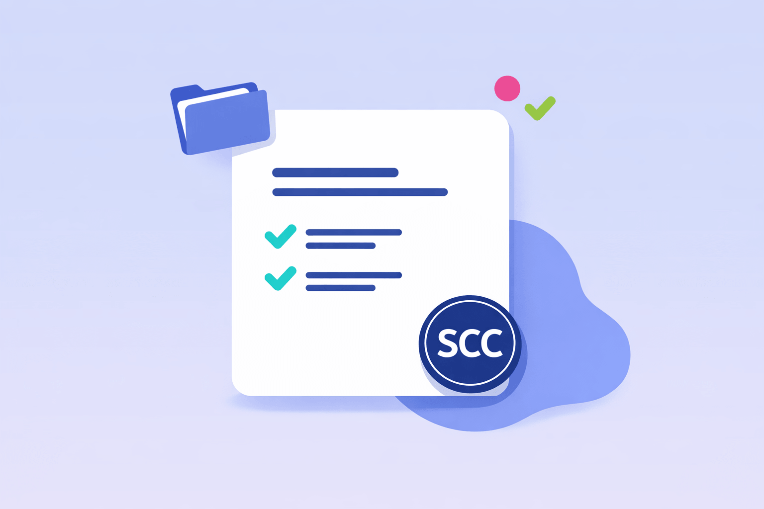 Et hvidt dokumentkort med afkrydsede kontraktklausuler og et rundt SCC-stempel — illustrerer brugen af standardkontraktbestemmelser som overførselsmekanisme ved tredjelandsoverførsler.