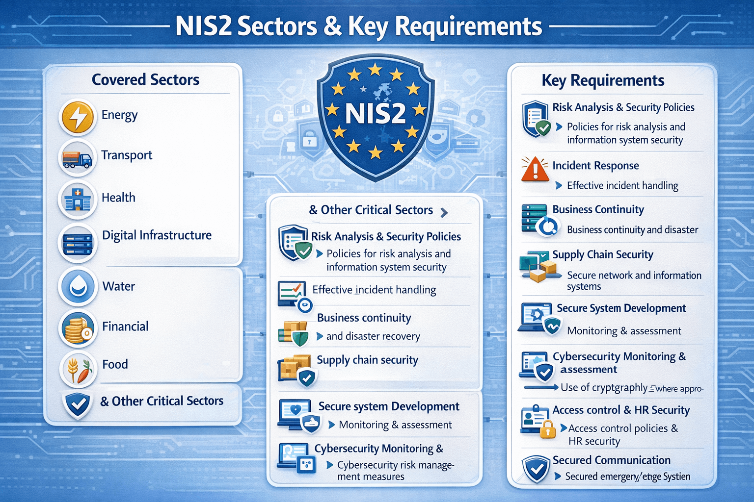 NIS2 sectors and key requirements infographic