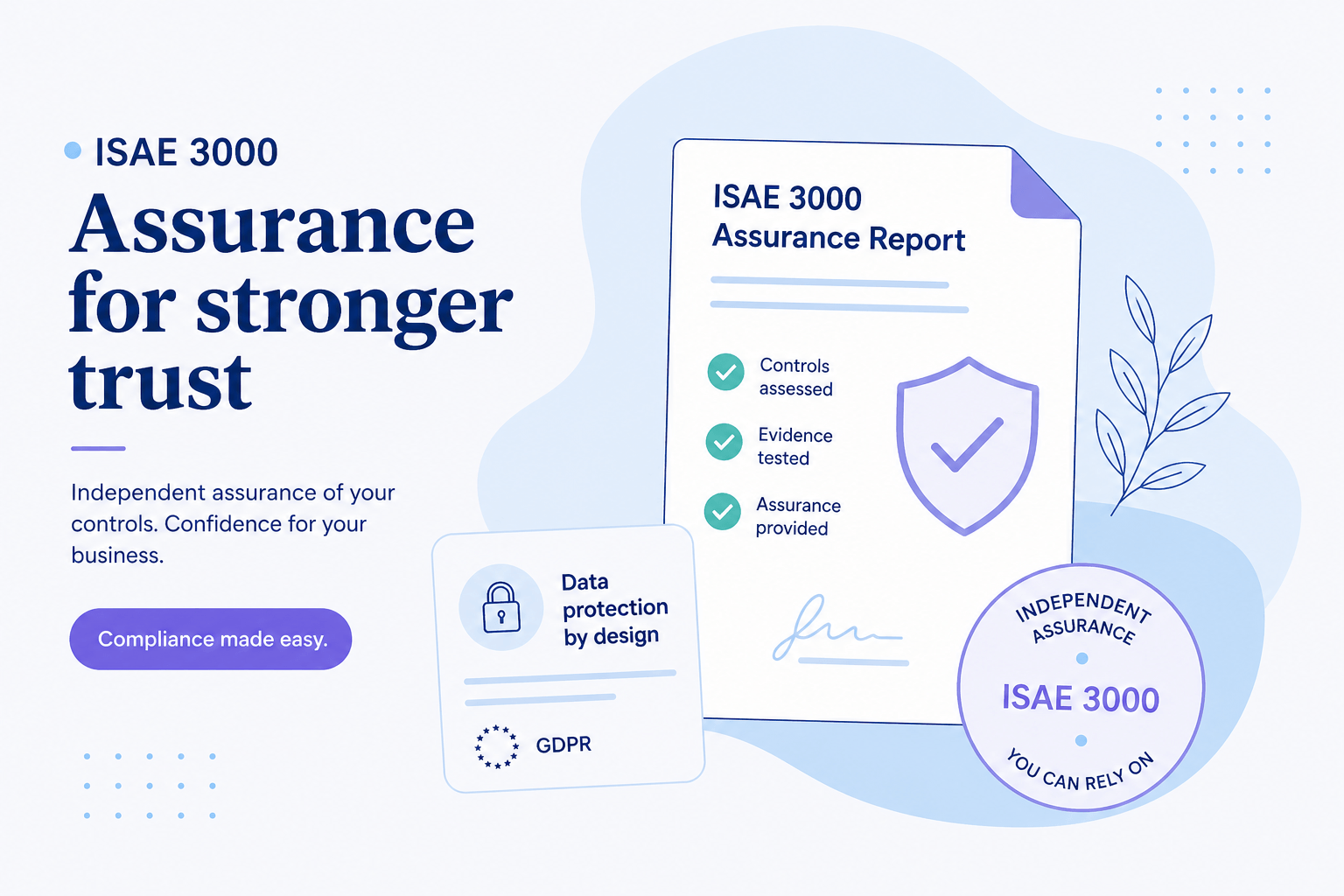 Illustration of ISAE 3000 assurance with document, checkmarks and a security shield, representing trust and compliance.