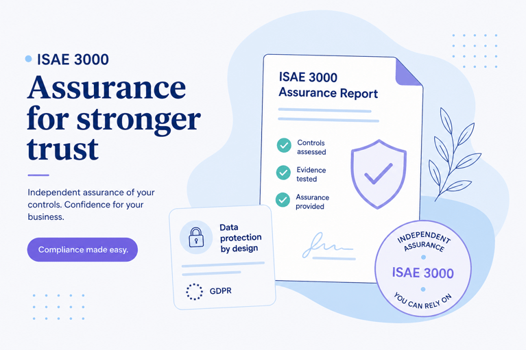 Illustration of ISAE 3000 assurance with document, checkmarks and a security shield, representing trust and compliance.