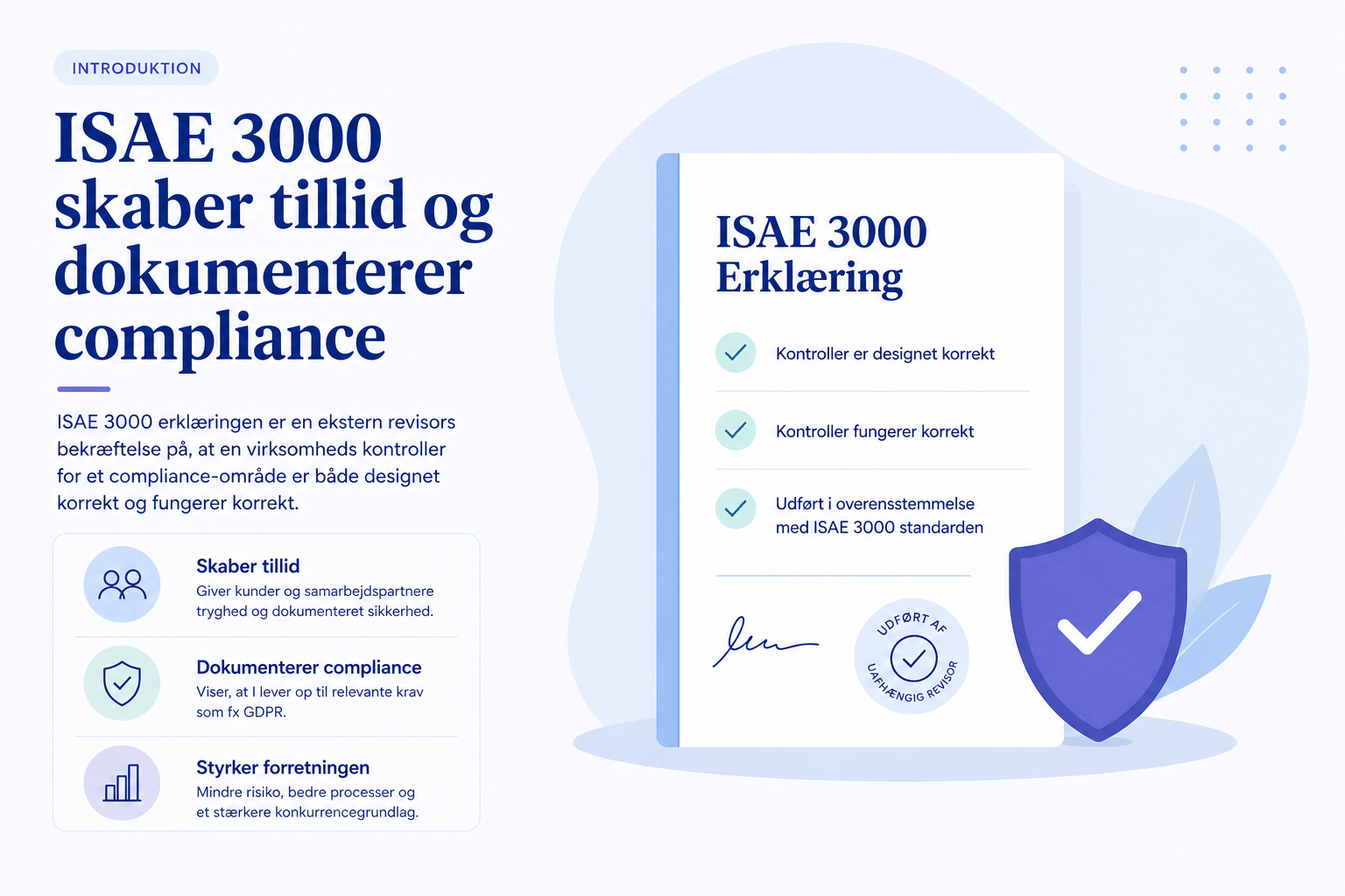 Illustration af ISAE 3000 erklæring med dokument og tjekmærker, der viser korrekt designede og fungerende kontroller og skaber tillid.