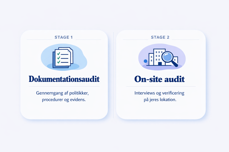 Illustration der sammenligner ISO 27001 Stage 1 dokumentationsaudit med Stage 2 on-site audit og viser forskellen på de to auditformer