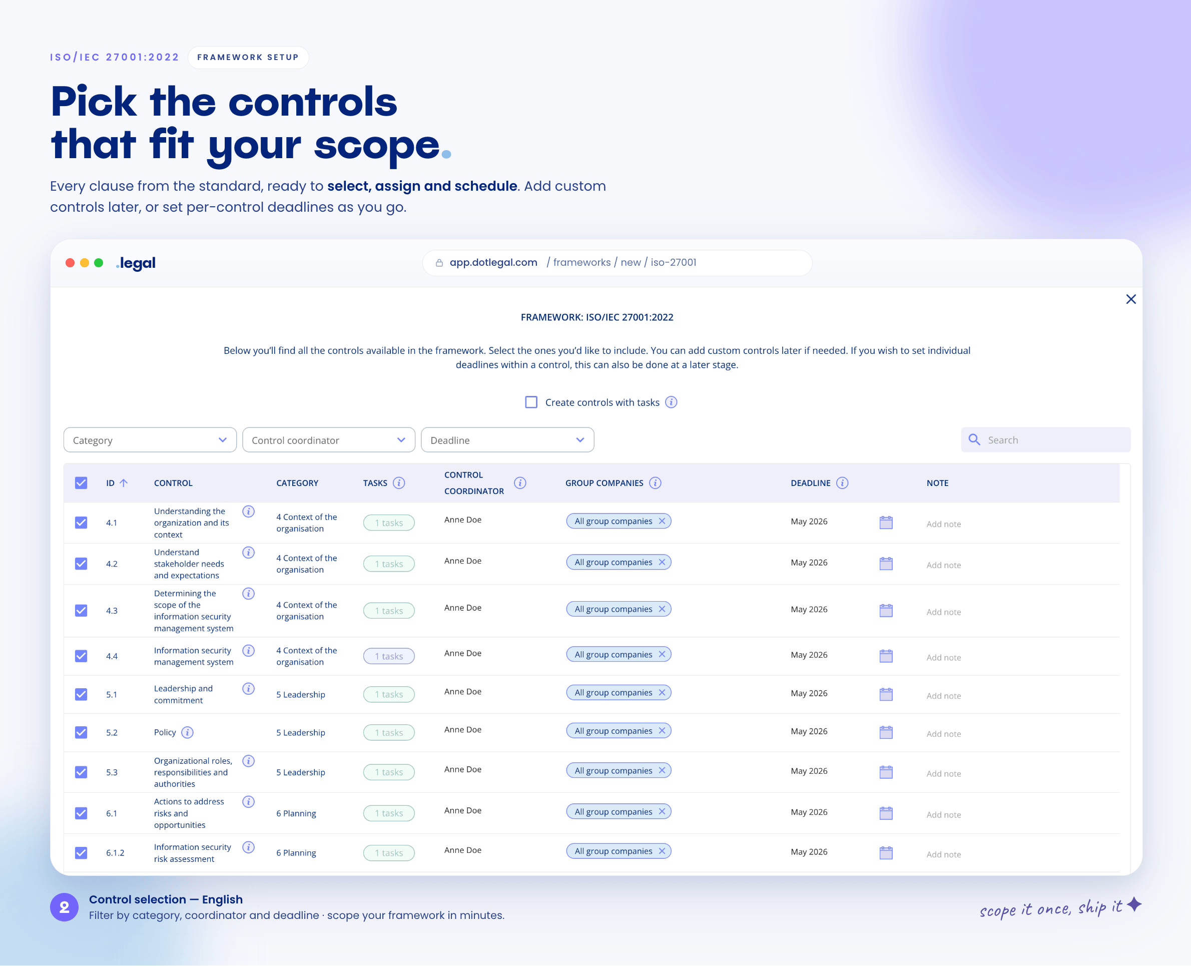 Screenshot from the .legal platform showing the ISO27001 controls in action
