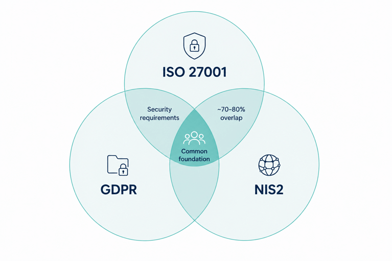 Venn diagram showing the overlap and differences between ISO 27001, GDPR, and NIS2, with 70-80 per cent overlap indicated between ISO 27001 and NIS2