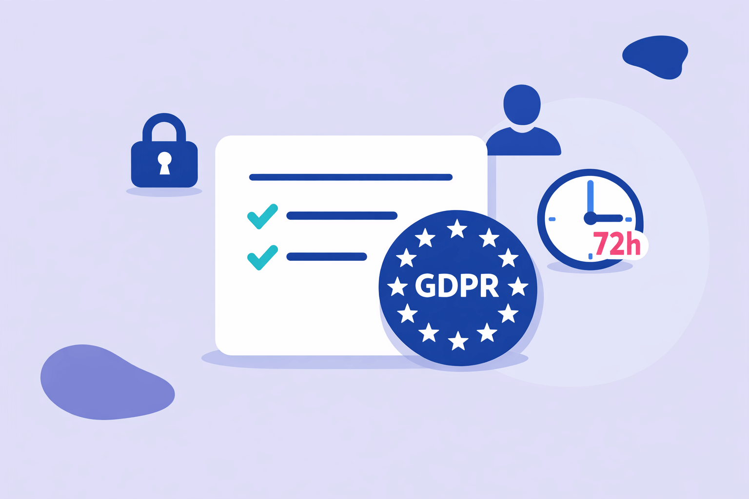 Illustration of a GDPR document with checkboxes and a clock, symbolising the 72-hour notification deadline for personal data breaches.