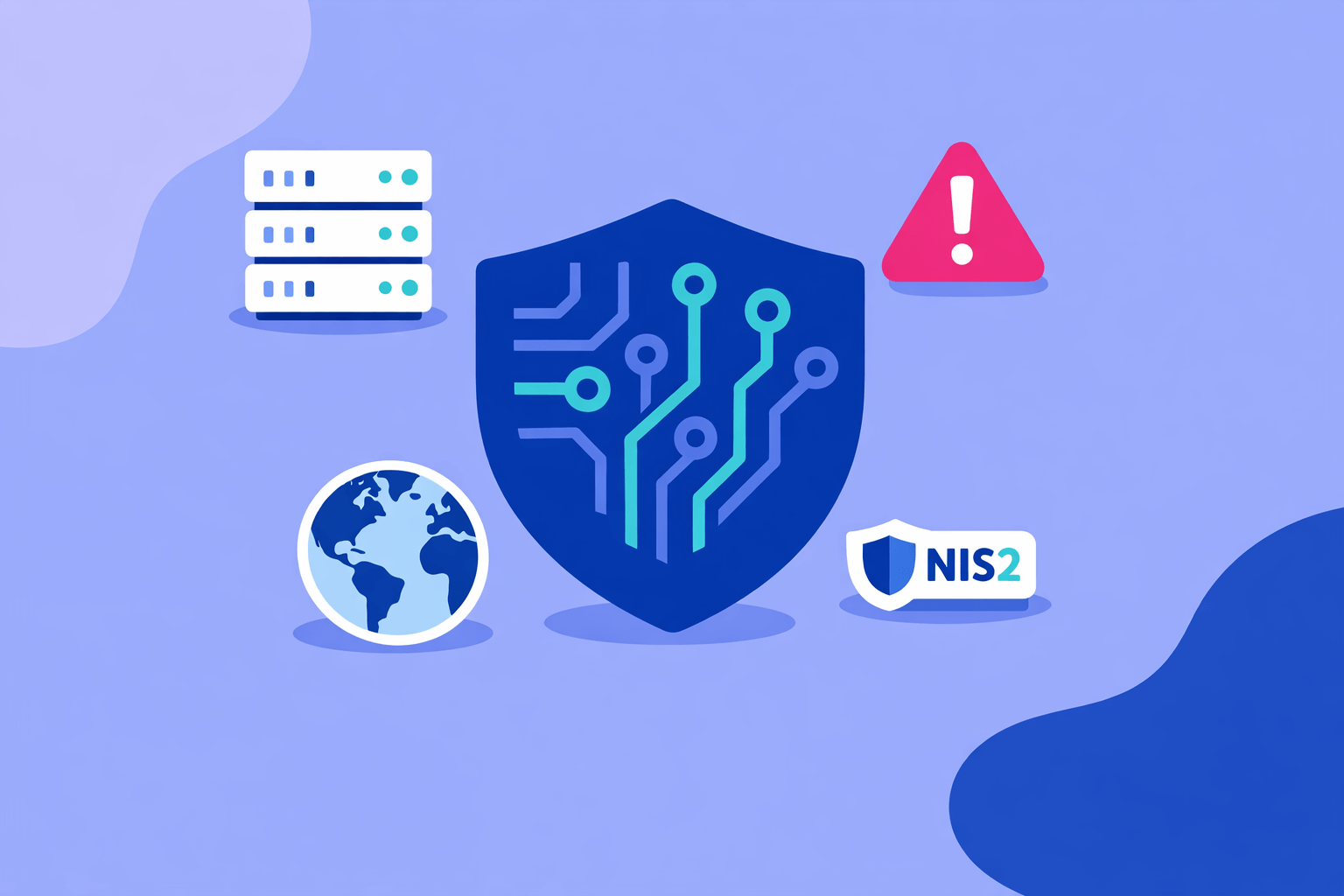 Illustration of a security shield with a network pattern and warning symbols, representing NIS2 requirements for cybersecurity incidents.