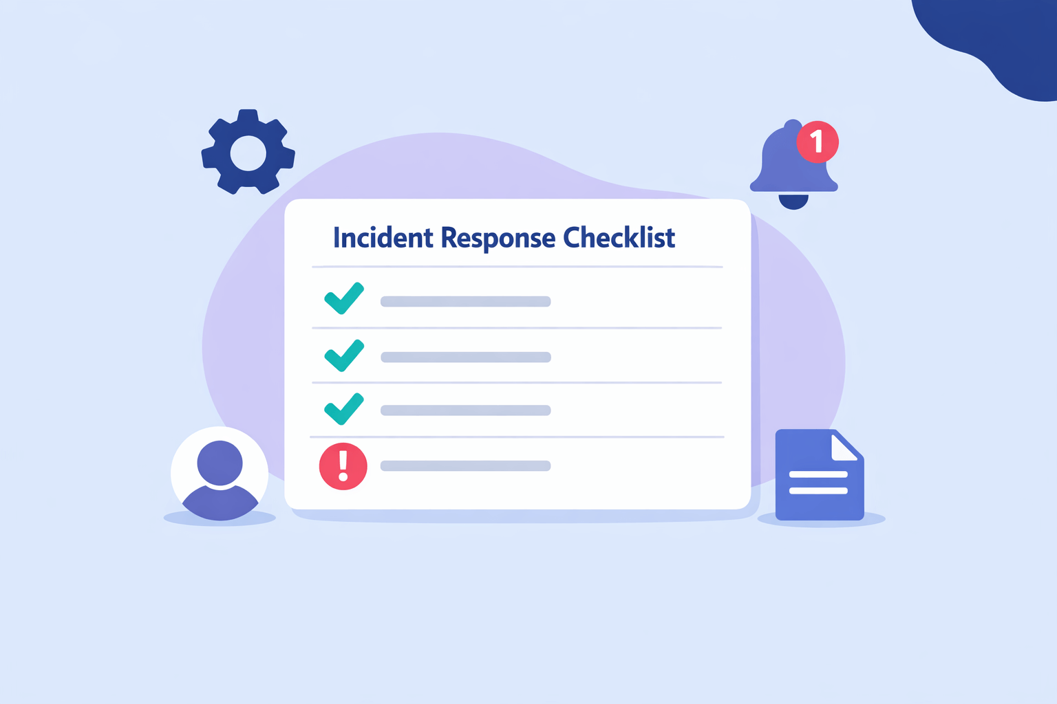 Illustration of an incident response dashboard with a checklist and notifications, symbolising internal handling and documentation of security breaches.