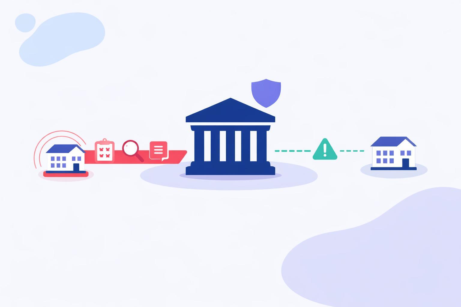 Flad vektorillustration af en central reguleringsmyndighed symboliseret ved et klassisk søjlebyggeri i navy med et skjold-ikon ovenover. Fra myndigheden strækker to tilsynssporene sig ud til siderne: til venstre en aktiv coral-pink pathway med audit-, lup- og dokumentikoner samt en pulsring om en målorganisation, der illustrerer proaktivt tilsyn. Til højre en stipplet teal-linje med et enkelt advarselstrekant-ikon, der illustrerer reaktivt tilsyn.