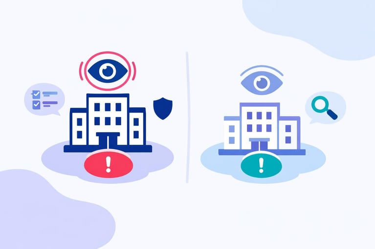 Flad vektorillustration der sammenligner to typer af virksomheder under NIS2. Til venstre en større bygning med et aktivt overvågningsøje omgivet af en coral-pink pulsring og en pink advarselsbadge nedenunder, der repræsenterer en væsentlig enhed med strengere tilsyn. Til højre en mindre bygning med et dæmpet periwinkle-øje uden pulsring og en mindre badge, der repræsenterer en vigtig enhed med reaktivt tilsyn. En blød skillelinje adskiller de to.