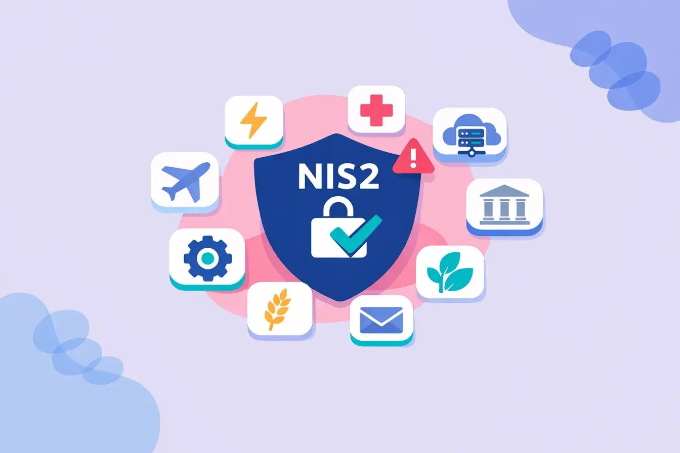 Flad vektorillustration af et stort marineblåt NIS2-skjold med et turkist hængelås- og flueben-ikon i midten, omgivet af ni flydende sektorikoner på hvide afrundede kort — der repræsenterer energi, transport, sundhed, digital infrastruktur, finans, produktion, fødevarer og posttjenester. En blød pink blob sidder bag skjoldet med lyseblå og kornblomstblå blob-accenter i hjørnerne.