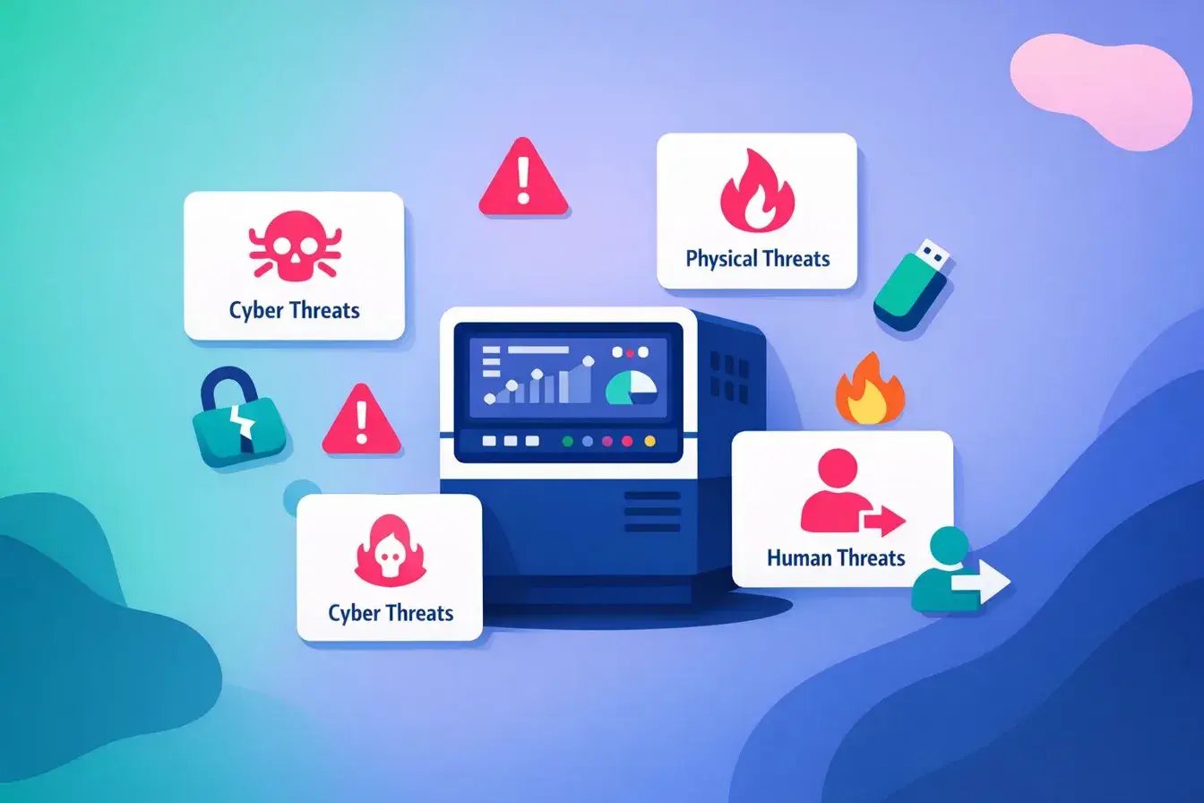 Flad vektorillustration af en marineblå SCADA-kontrolterminal i centrum, omgivet af tre hvide flydende trusselskategorikort mærket Cybertrusler, Fysiske trusler og Menneskelige trusler. Flydende ikoner inkluderer et revnet hængelås, et USB-stik, advarselstrekanter, en flamme og en social engineering-figur. Varm pink fremhæver advarselsbadges; turkis markerer neutrale eller afhjulpne ikoner. Baggrunden flyder fra turkis øverst til venstre til dyb marineblå nederst til højre.