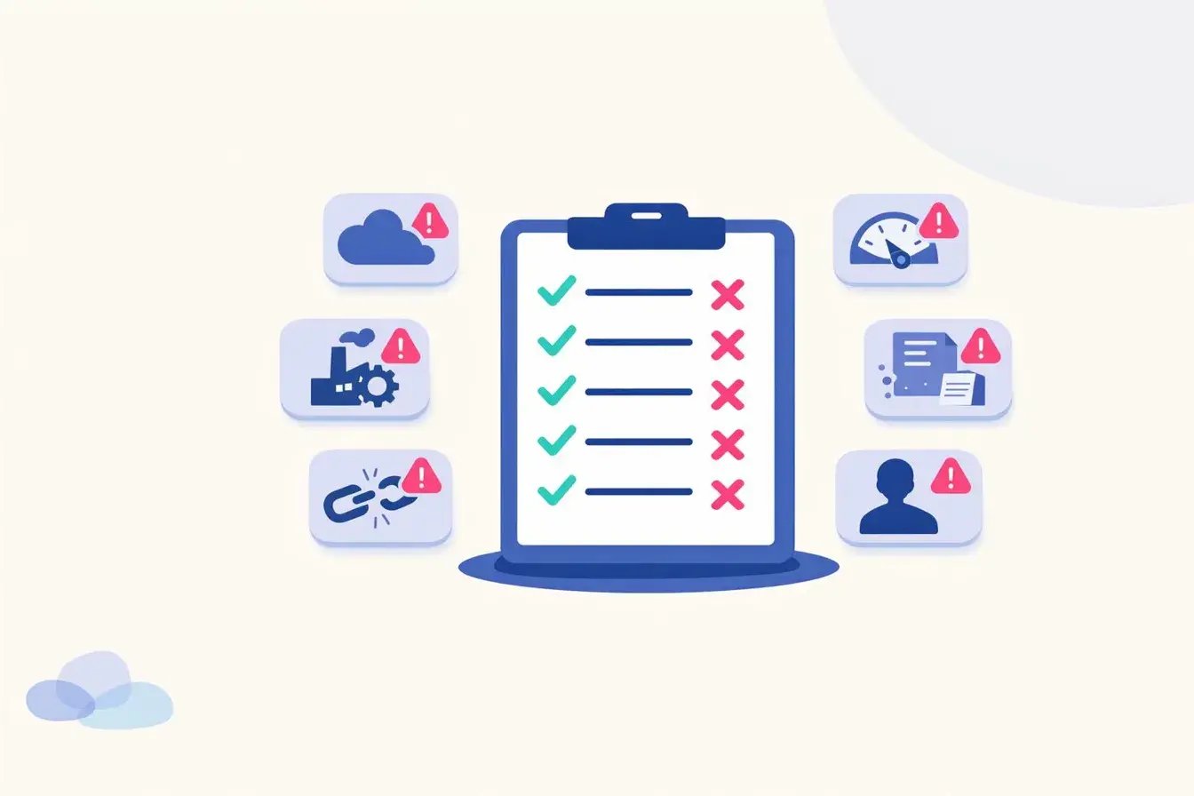 Flad vektorillustration af en hvid tjeklisteopslagstavle i centrum med turkise flueben for korrekte handlinger og varm pink X-markeringer der fremhæver fejl. Seks lyselilla advarselskort flyder rundt om den, hver med en almindelig NIS2-faldgrube: vagt cloud-scope, overset OT-infrastruktur, huller i forsyningskæden, undervurderet risikokonsekvens, et dokument der samler støv på en hylde og siloen der arbejder alene. Rolig cremebaggrund med bløde blå blob-accenter i hjørnerne.