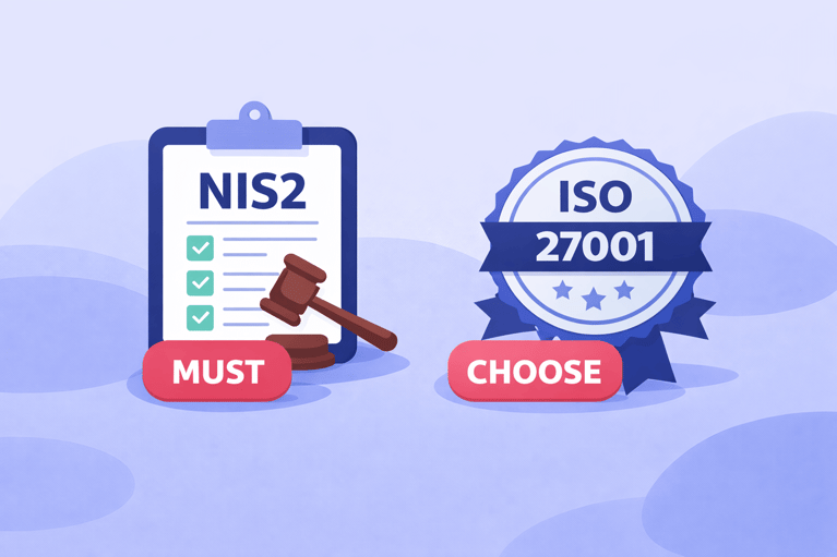 Flat illustration comparing NIS2 legislation marked ‘Must’ with ISO 27001 certification marked ‘Choose’, presented as a law document and a certification badge side by side.
