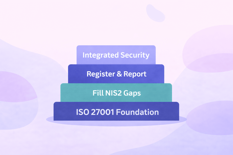 Minimalist pyramid illustration showing ISO 27001 as the foundation, followed by filling NIS2 gaps, registering and reporting, and integrated security at the top.