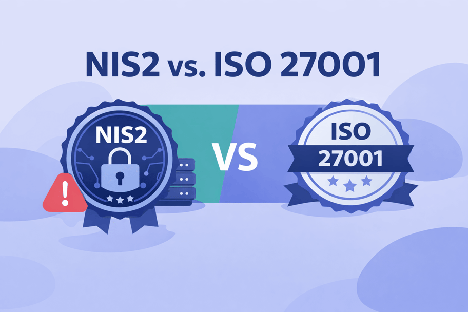 Flat illustration showing NIS2 and ISO 27001 as two certification badges facing each other with ‘VS’ in the centre, on a soft blue background with organic shapes.