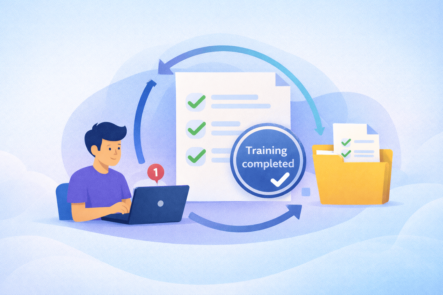 Illustration of a continuous training cycle with document, turquoise checkmarks and circular arrows on a light blue background.