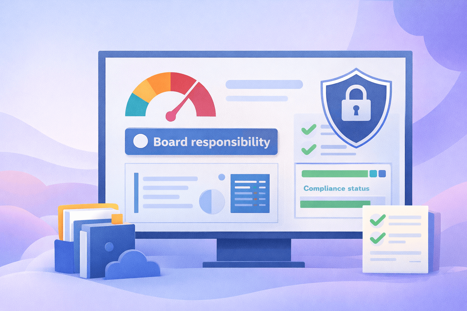Illustration of a governance dashboard with risk indicator, compliance status and reporting elements visualising management responsibility under NIS2.