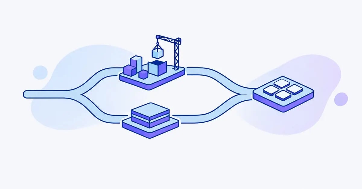 A road forking into a build path with a crane and a buy path with a finished platform, meeting again at one shared platform