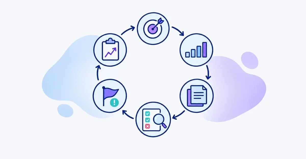 A GDPR audit cycle of six steps: scope, risk, evidence, testing, findings and follow-up