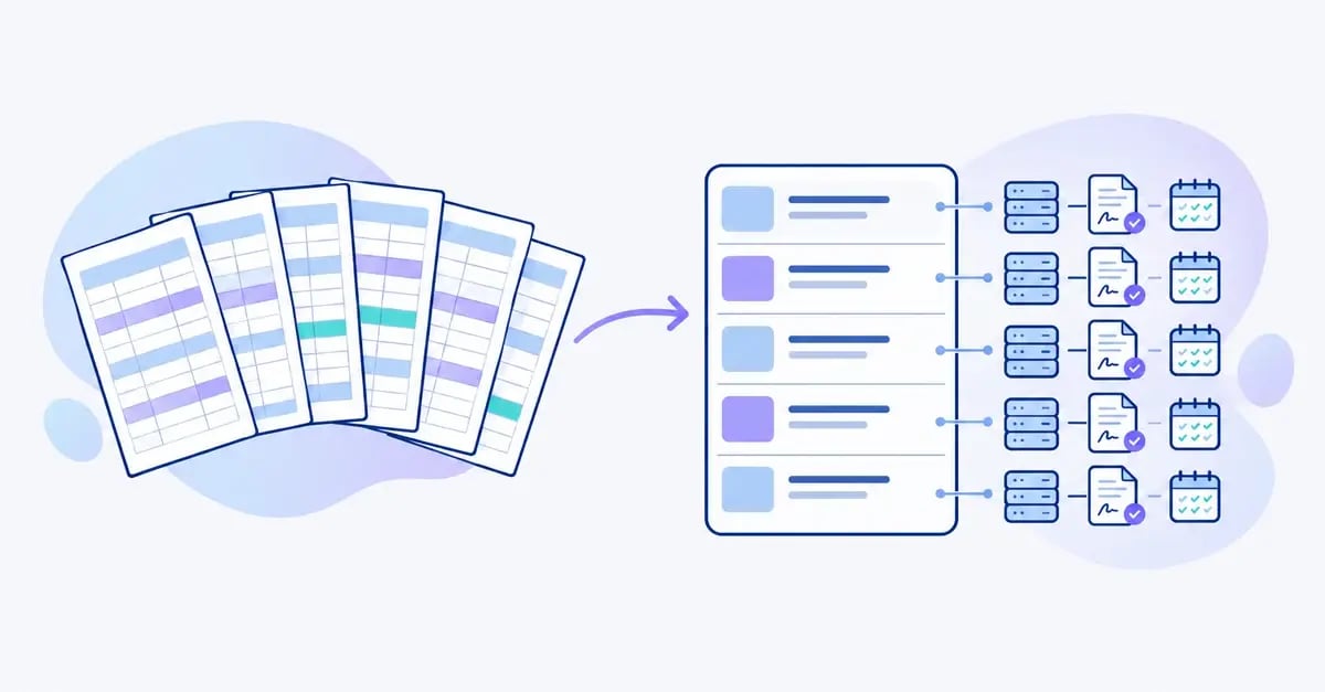 Loose spreadsheets on the left becoming one structured register on the right, linked to systems, agreements and deadlines
