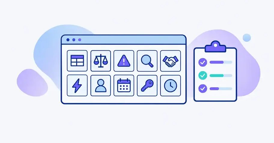 A GDPR software dashboard with ten feature tiles and a scorecard for rating them in a demo