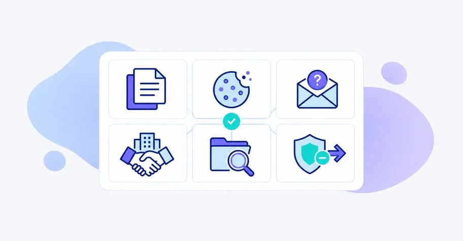 A GDPR system shown as six modules: records, cookies, data subject requests, processors, discovery and data loss prevention