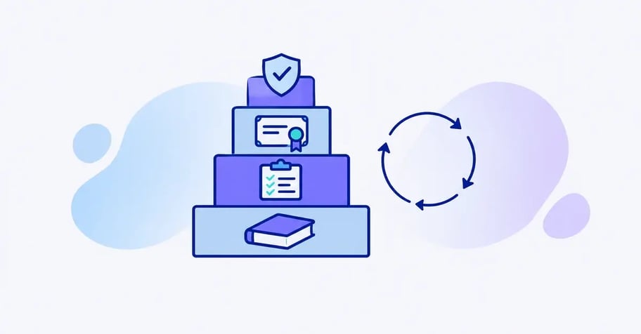 ISO 27001 as four steps from the standard to compliance, certification and accreditation, beside a three-year cycle