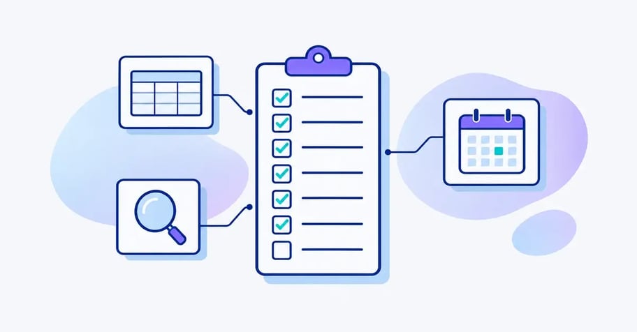 An ISO 27001 checklist on a clipboard, connected to a Statement of Applicability, a plan and a review