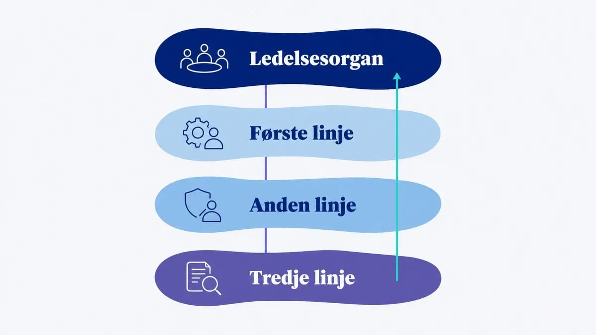 Ledelsesorgan, første, anden og tredje linje, hvor tredje linje har en uafhængig rapporteringsvej op til ledelsen