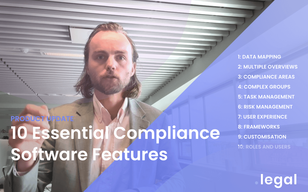Illustration showing 10 essential features for GDPR compliance software including data mapping, risk assessment and vendor management capabilities