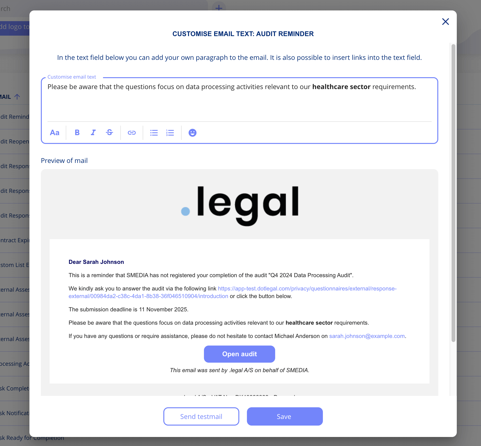 Customise email text
