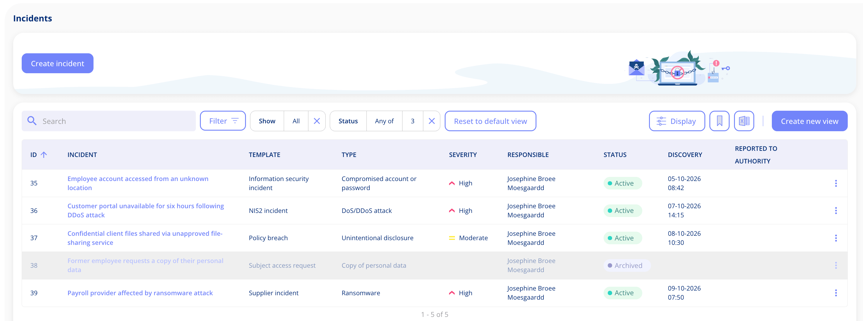 Incident list with columns for ID, incident, template, type, severity, responsible, status, discovery and reported to authority, showing incidents created from different templates, and the Filter, Display and Create new view buttons