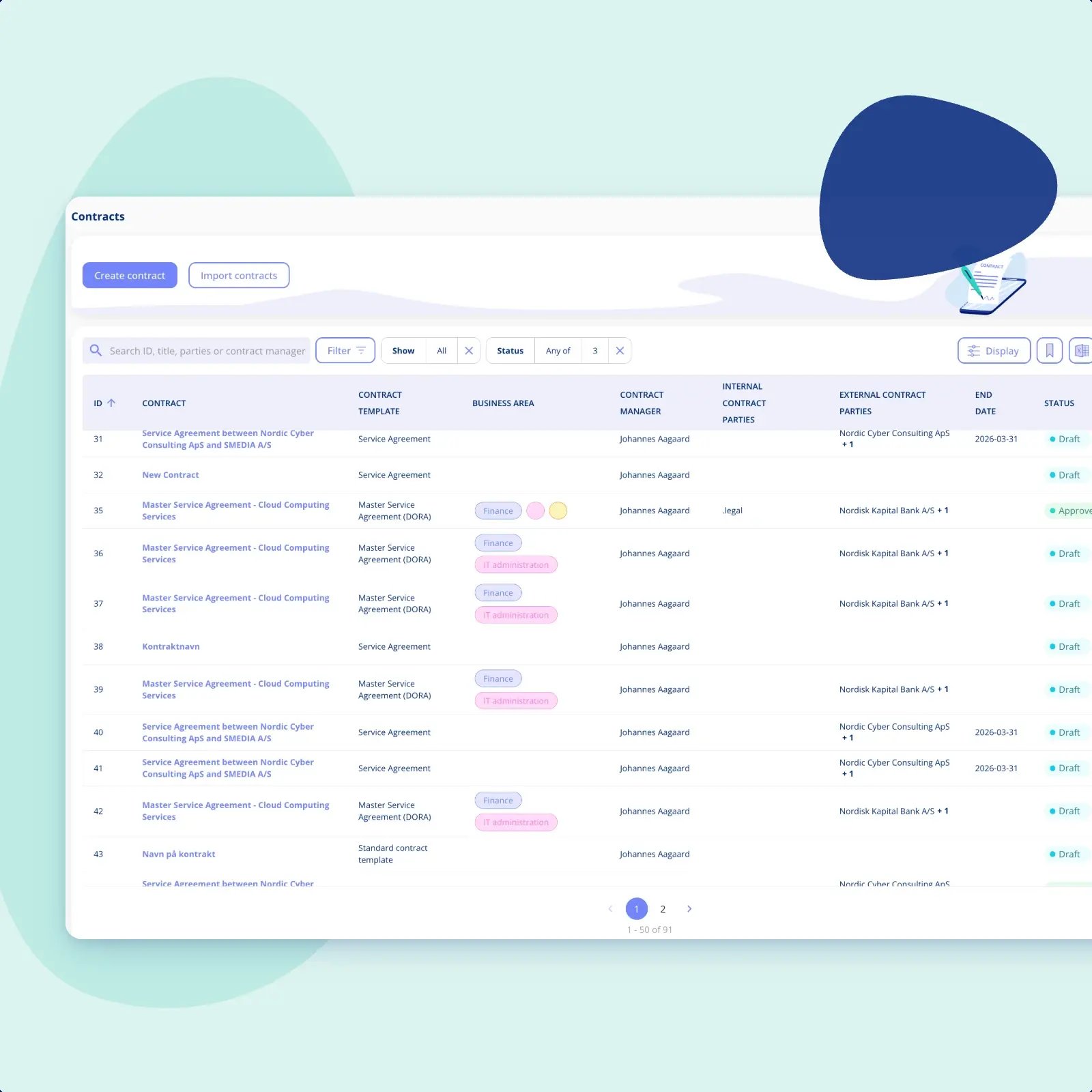 The contract list in .legal with the register filled in: each contract's template, business areas, manager, the parties on either side, its end date and its status