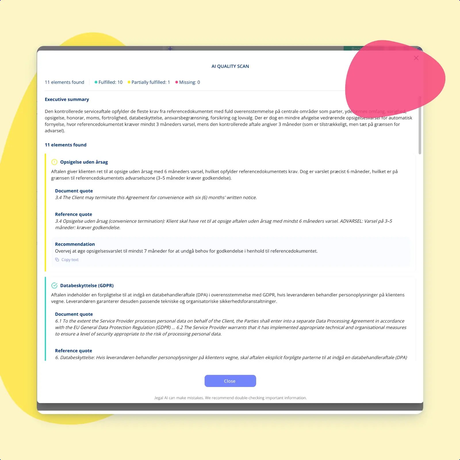 An AI Quality Scan result in .legal, counting the requirements fulfilled, partially fulfilled and missing, with a summary above two requirements expanded to show the quote from the document, the quote from the comparison template and a recommendation