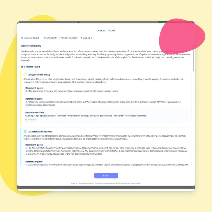 Et resultat af en AI-kvalitetsscanning i .legal, med optælling af krav der er opfyldt, delvist opfyldt og manglende, og et resumé over to krav foldet ud med citatet fra dokumentet, citatet fra sammenligningsskabelonen og en anbefaling