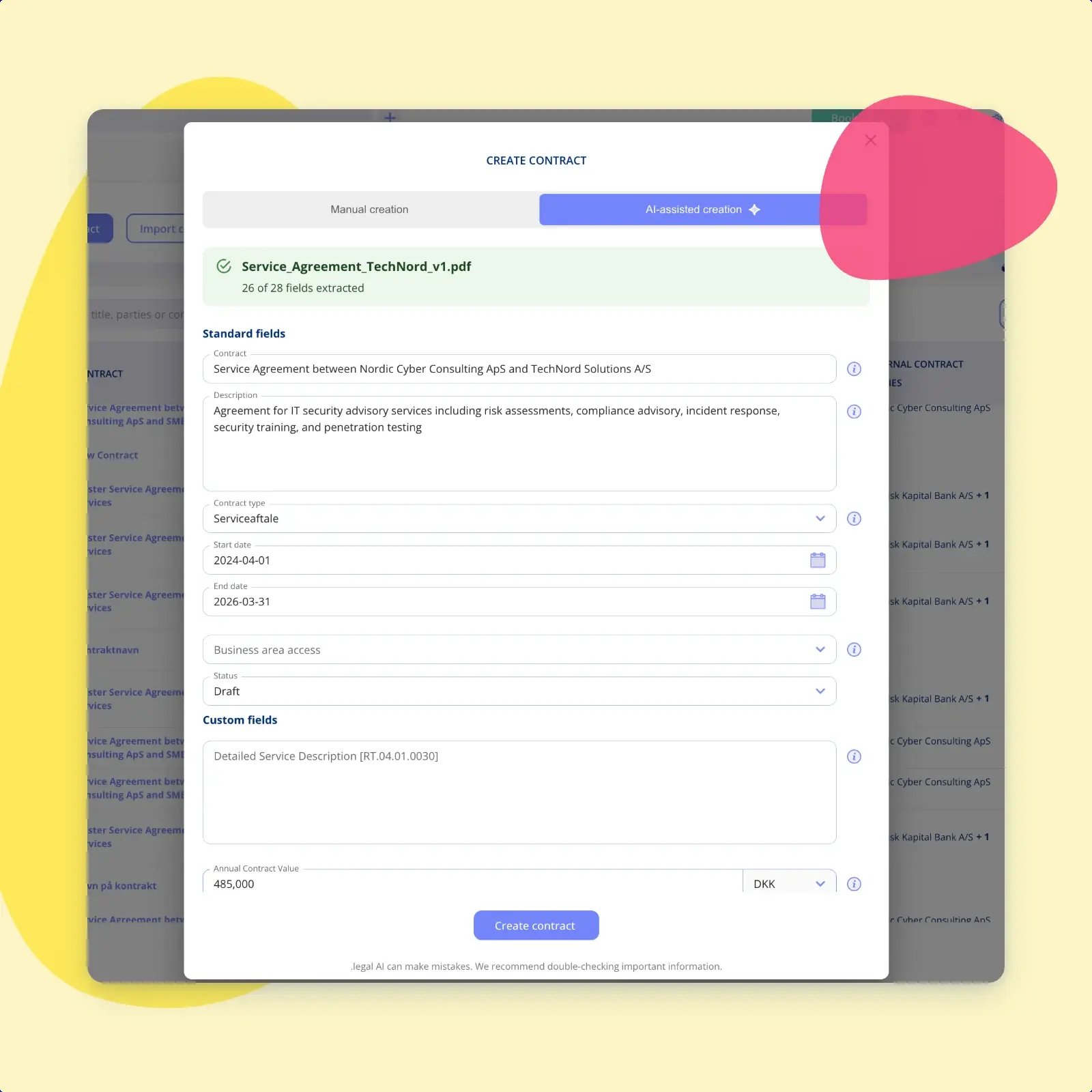 The create-contract dialogue in .legal on AI-assisted creation, with the values extracted from an uploaded PDF shown for checking — name, description, contract type, dates, status, a custom field and an annual value — above a note that .legal AI can make mistakes