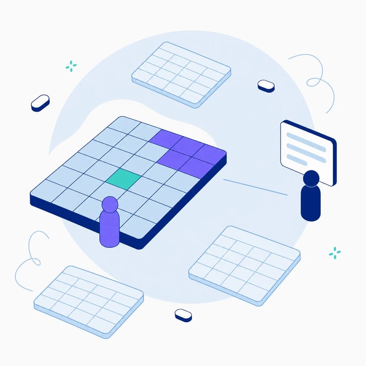 Illustration of one figure standing on a large grid surrounded by more scattered grids, while a second figure stands apart holding a single clean summary card