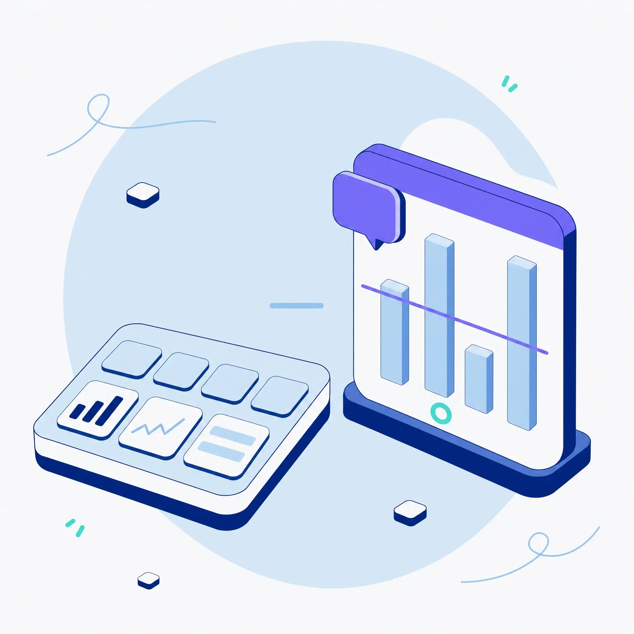 Illustration contrasting two objects: a low board of small operational tiles beside a taller upright report panel carrying a bar chart, a trend line and a comment bubble