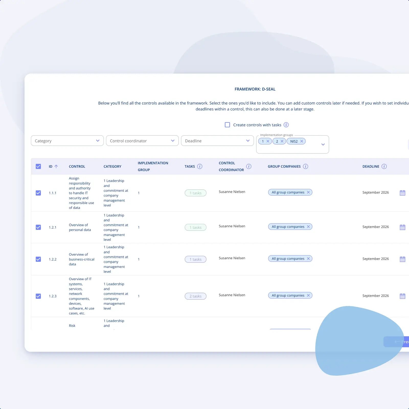 Adding the D-Seal framework in .legal, with every control listed for selection and the implementation groups filter set to groups 1 and 2 plus the NIS2 specialist module